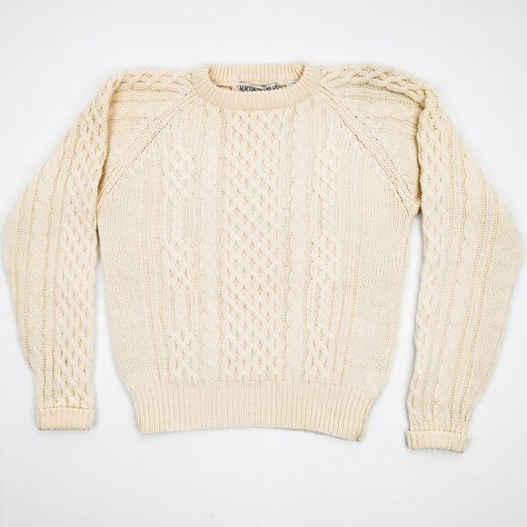 S/M NORTHERN ISLE Wool Cable-Knit Fisherman Crewneck Cream Sweater Vinta… - Picture 1 of 6
